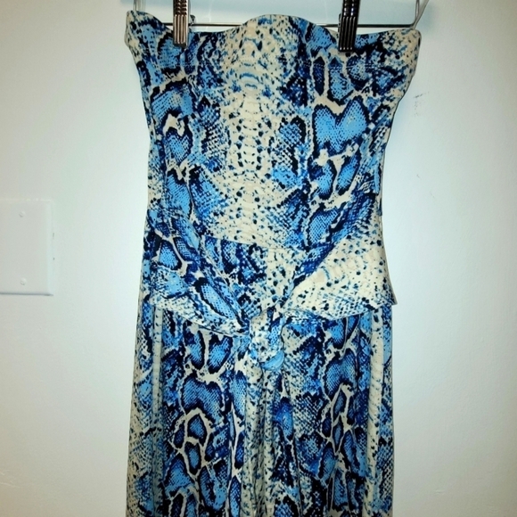 Strapless Jumpsuit In Blue Cream And Black Snake Print Front Tie Size M - Picture 7 of 17